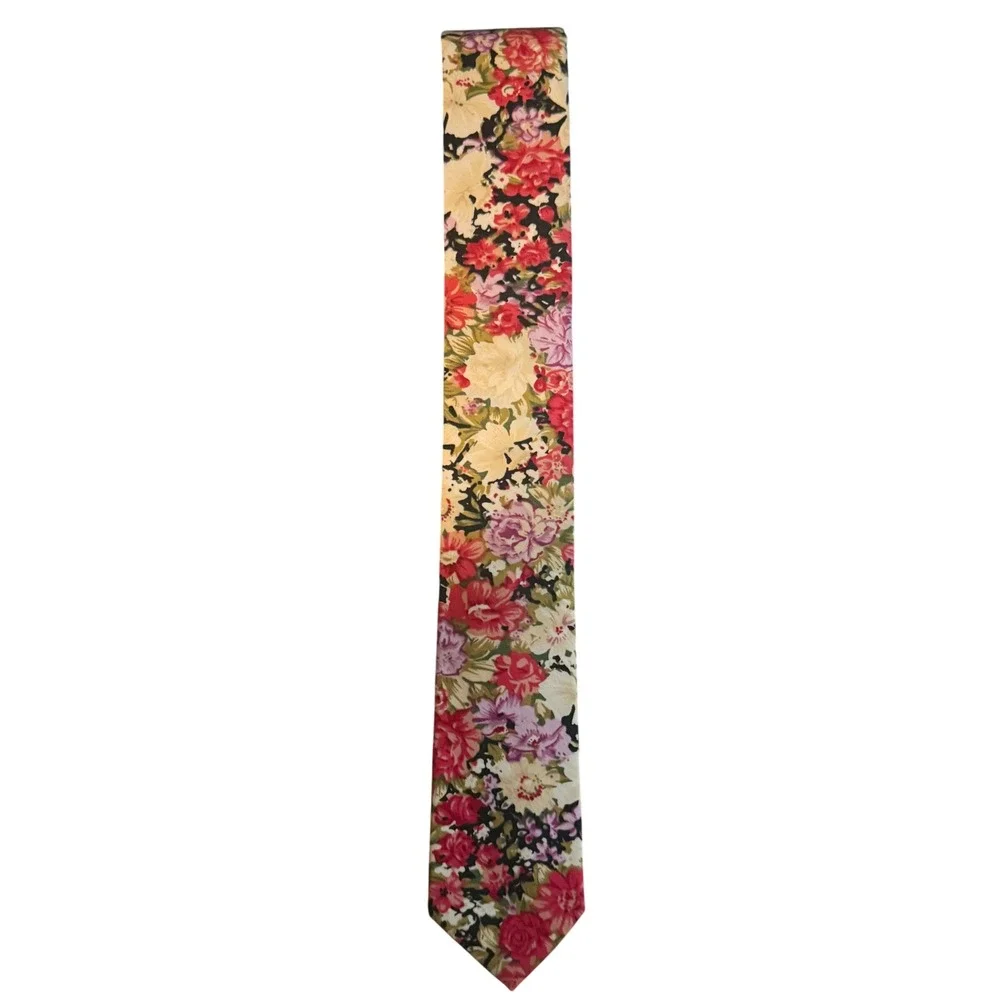 Mens Floral Necktie Red Pink Cream Garden Print Slim Skinny Wedding Tie